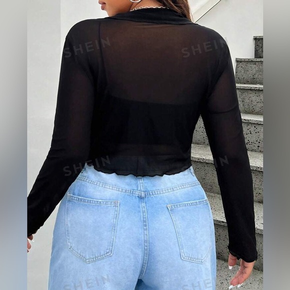 SHEIN Sheer Long Sleeve V-Neck Collared Mesh Black Crop Top EUC - Picture 8 of 9